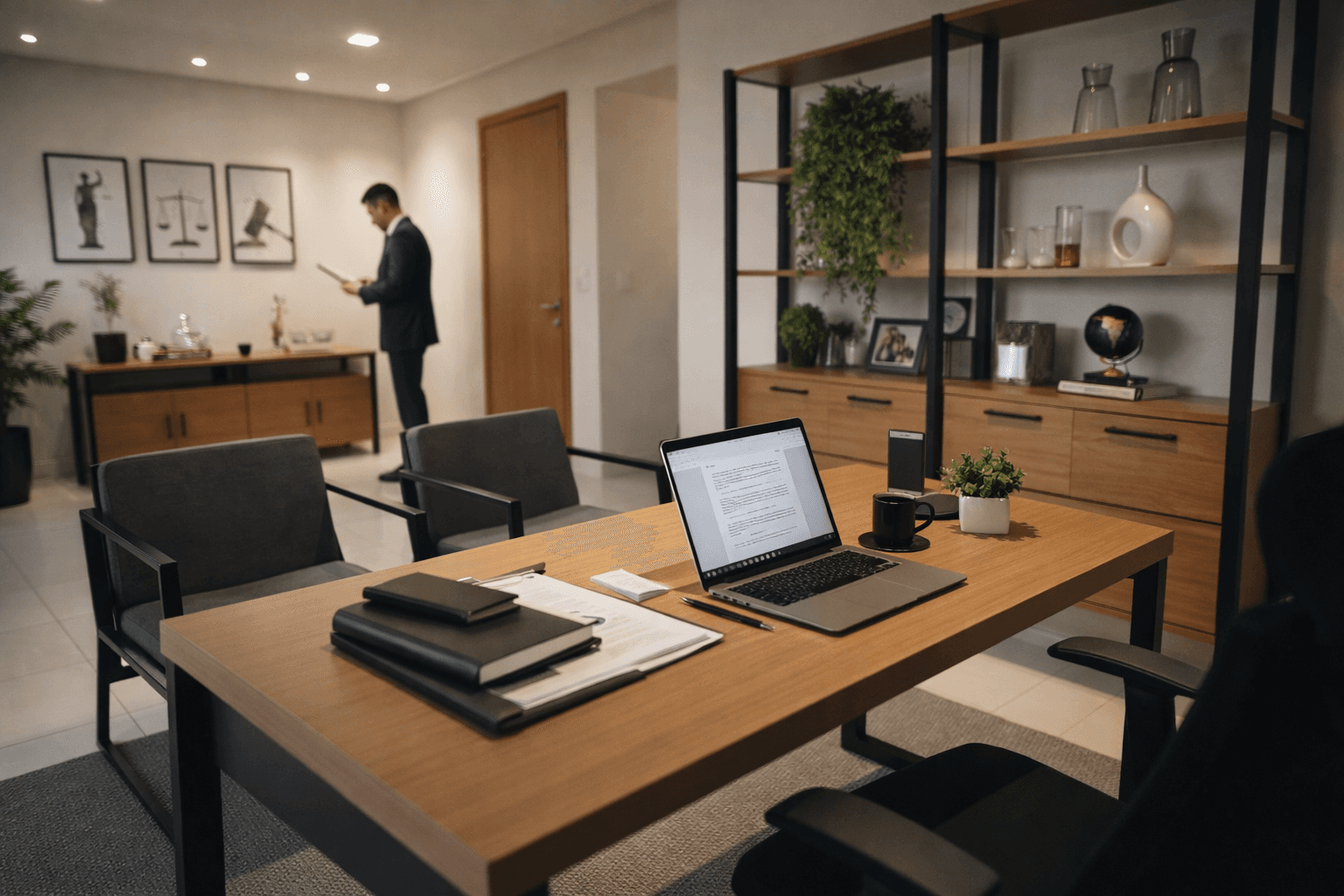 Ambiente profissional do escritório Gustavo Ricci Advocacia com mesa de trabalho e área de atendimento